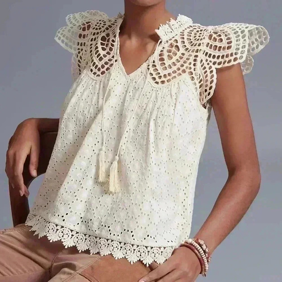 Anthropologie Tops - ANTHROPOLOGIE CHARLIZE Tan Eyelet Lace Vneckline Blouse Size S